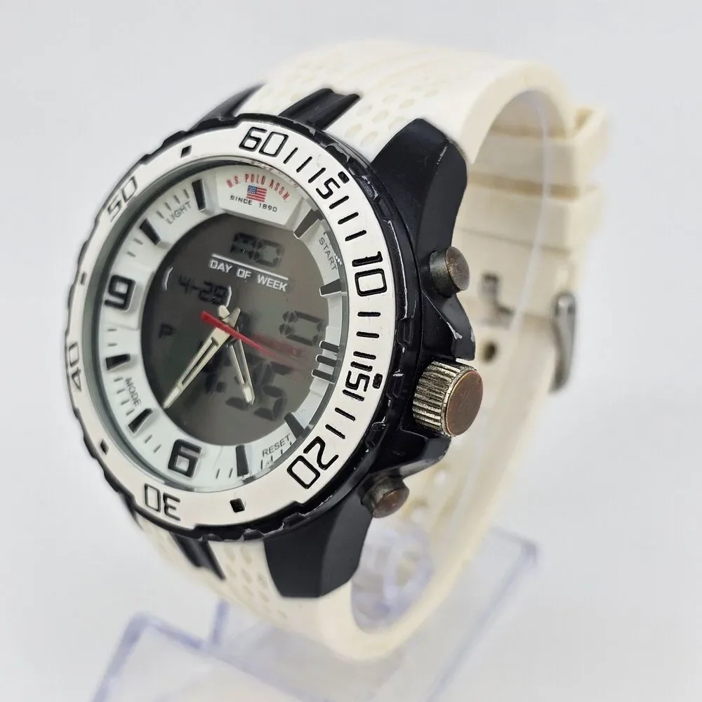 US POLO ASSN Men's Watch Digital Analog 48MM White‎ Platic Bands New Battery